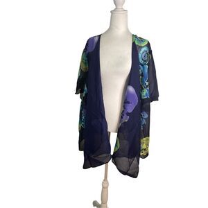 Susan Graver 3X Printed Chiffon Cascading Open Front Cardigan Navy Lavender NWT
